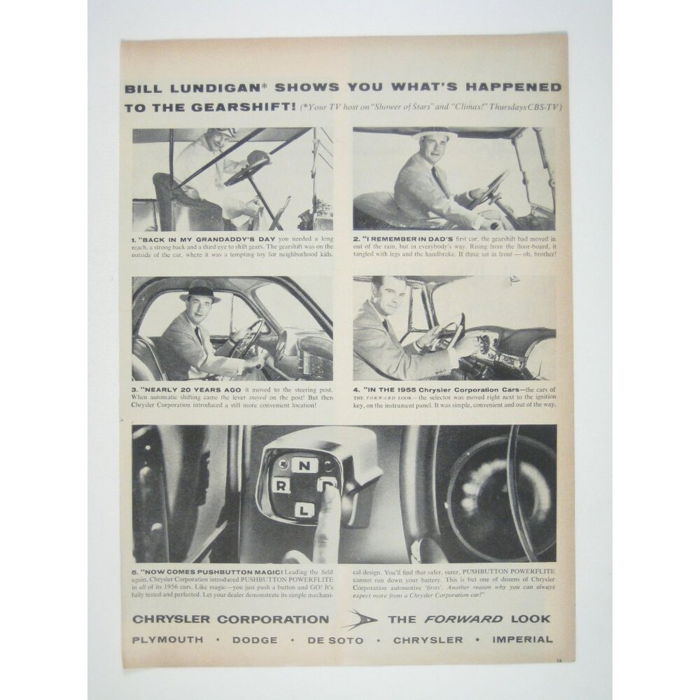Vintage 1955 Chrysler Corporation Advertisement Print Pushbutton Gearshift